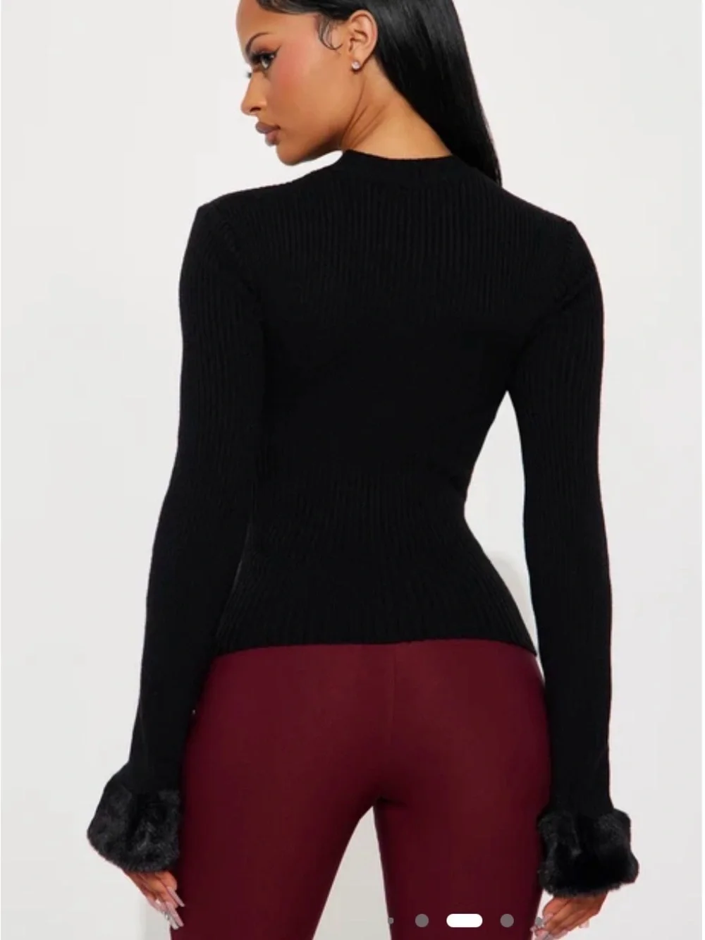 Fashion Nova Black Ribbed Sweater with Faux Fur Cuffs, Winter Chic